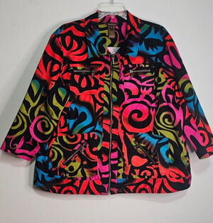 Women's Size 2XL Multiples Brand Zip-Up Jacket Bold Colors 3/4 Length Sleeves